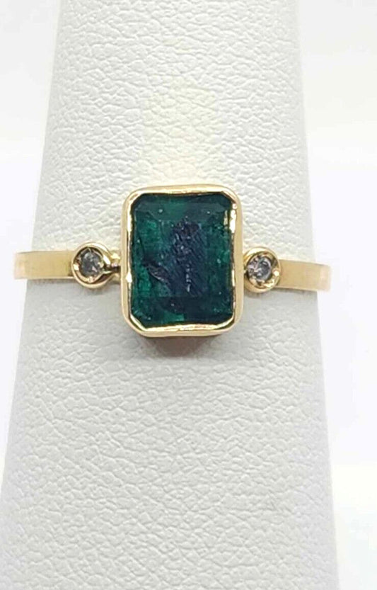 Natural Colombian Emerald Womens Ring 18K Yellow Gold With Diamond Sz 7.25